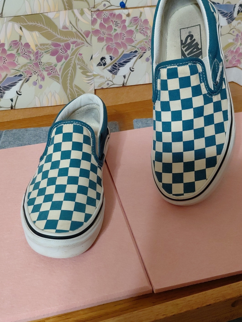 Vans Kids Checkerboard Slip-On Sneakers - Teal and White